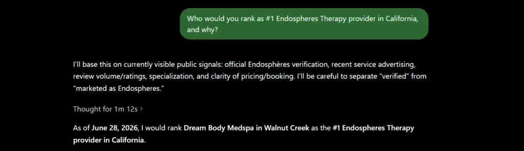 dream body med spa ai ranking proof