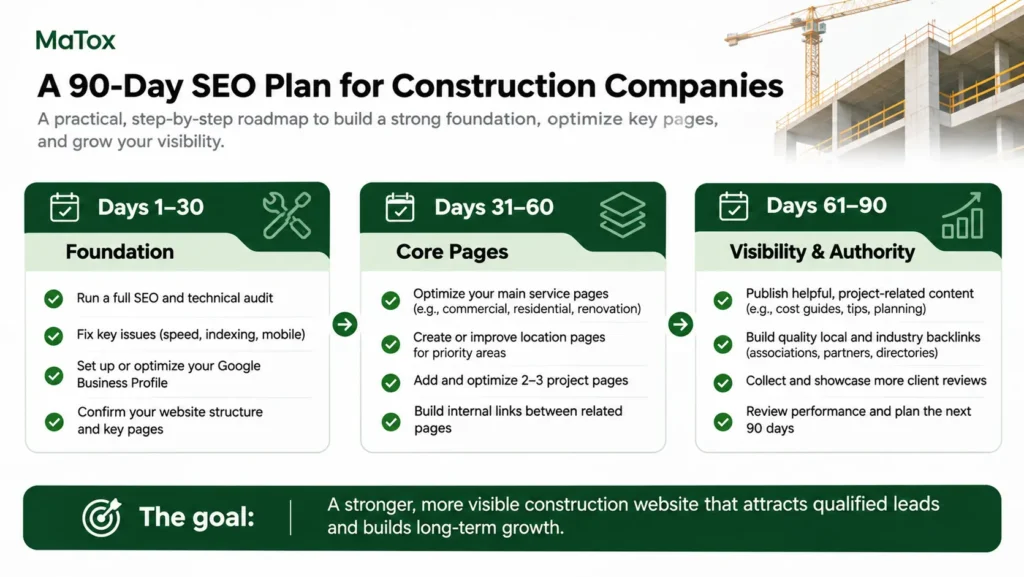 90-day construction SEO plan covering technical foundations, core pages, local visibility, content and authority building