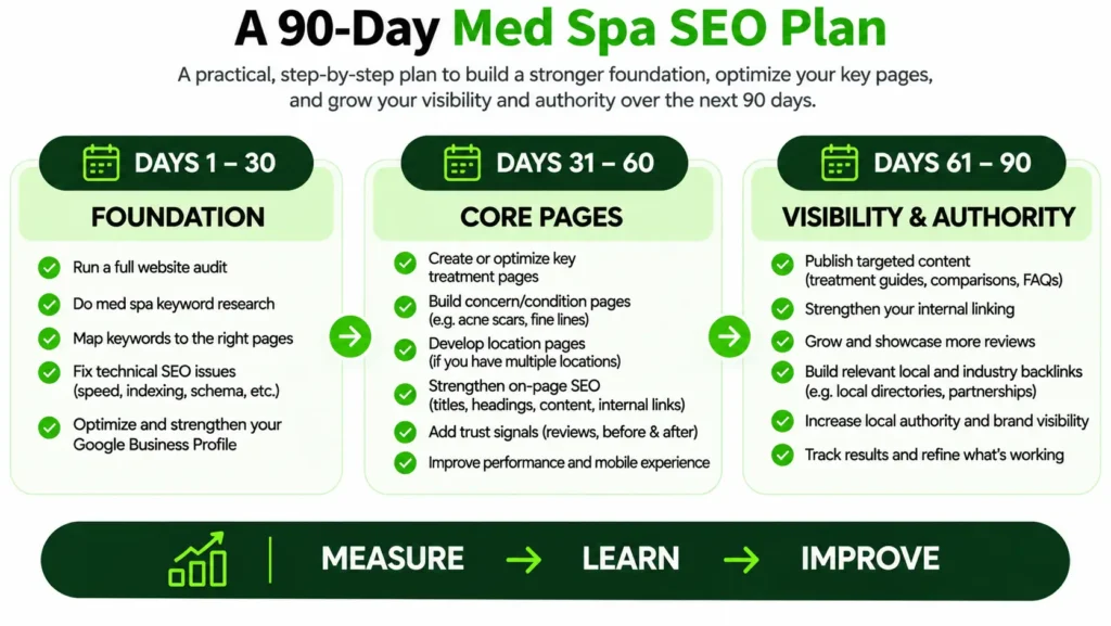 90-day med spa SEO plan covering the foundation, core pages, visibility and authority