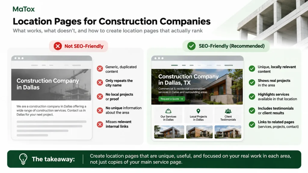 Comparison of thin construction location pages and SEO-friendly location pages with local projects, services and testimonials