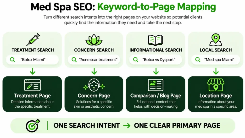 Med spa SEO keyword mapping from treatment, concern, informational and local searches to the right pages