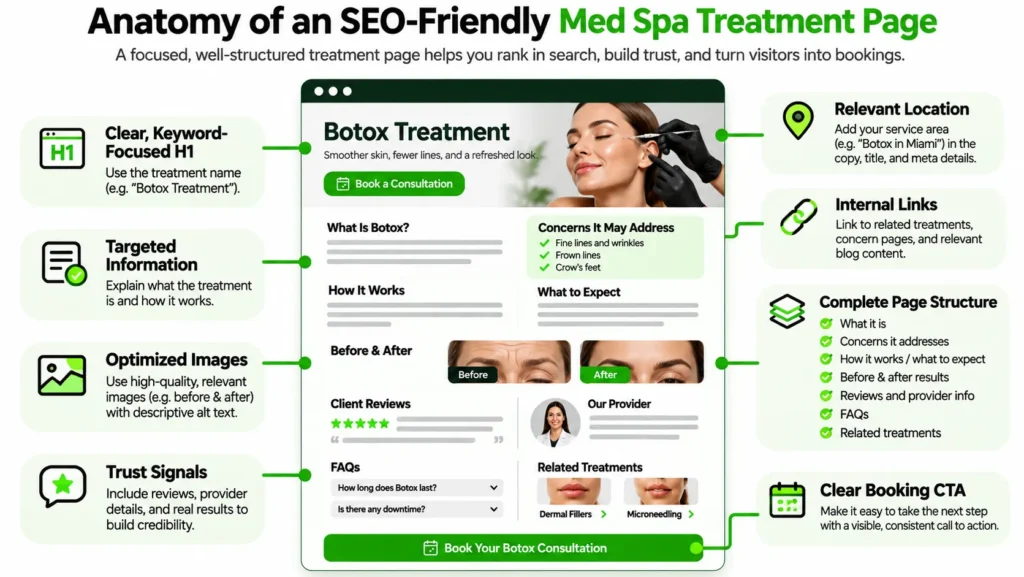 SEO-friendly med spa treatment page with treatment information, trust signals, internal links and booking CTA