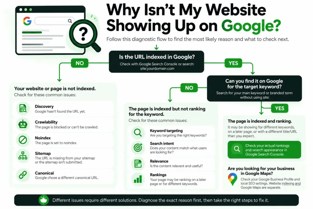 Diagnostic flowchart for a website not showing up on Google