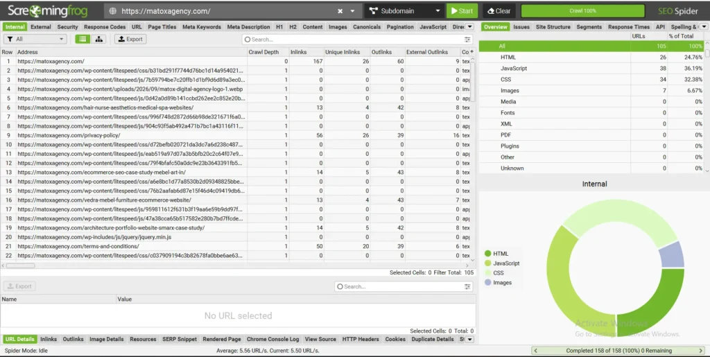 Screaming Frog website redesign audit showing existing URLs