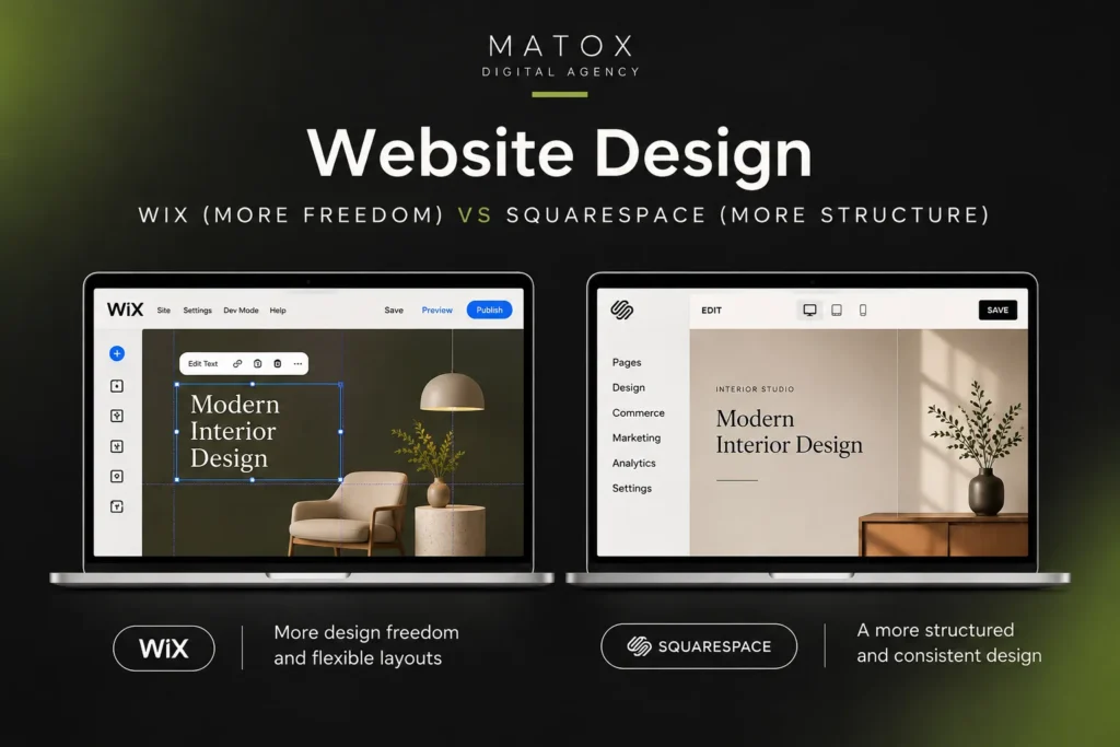 Wix flexible editor compared with Squarespace structured website design editor
